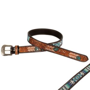 Cintura Western Pool's Unisex in Cuoio con Perline ed Incisione a Piume