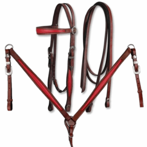 Briglia e Pettorale Western in Cuoio con Riporto Rosso