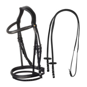 Briglia Inglese Equestro in Cuoio Frontalino con Clincher Nero e Redini